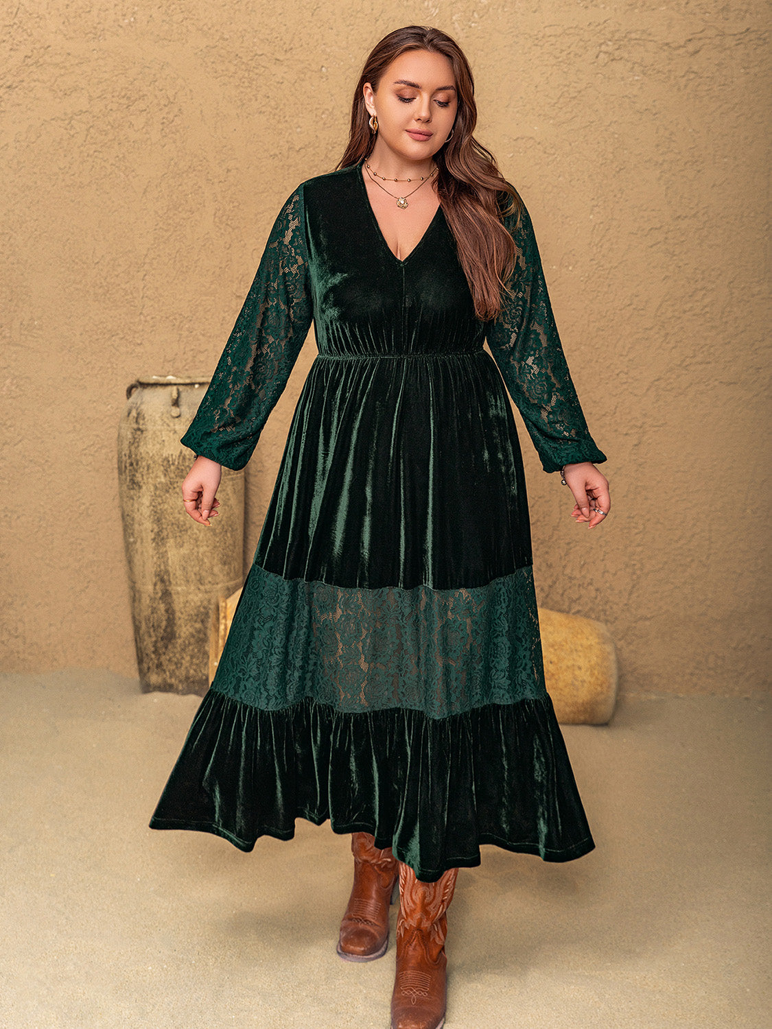Hazel Blues® | Lace Patchwork V-Neck Balloon Sleeve Midi Dress