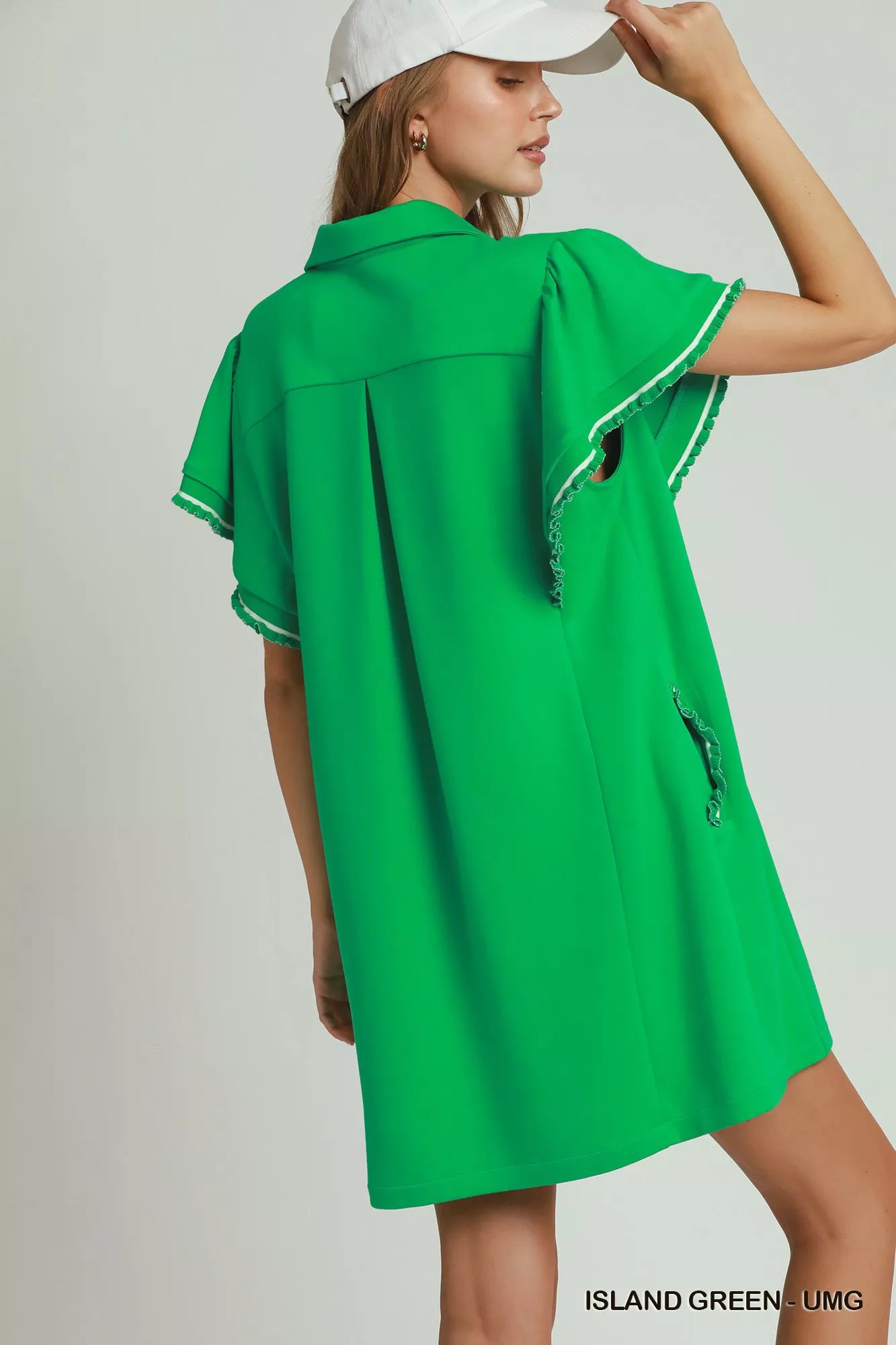 Hazel Blues® | Umgee Half Zip Ruffle Rib Band Butterfy Sleeve Mini Dress with Pockets