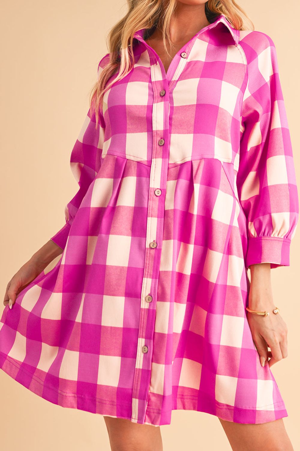 Hazel Blues® | Ruched Plaid Three-Quarter Sleeve Shirt Dress