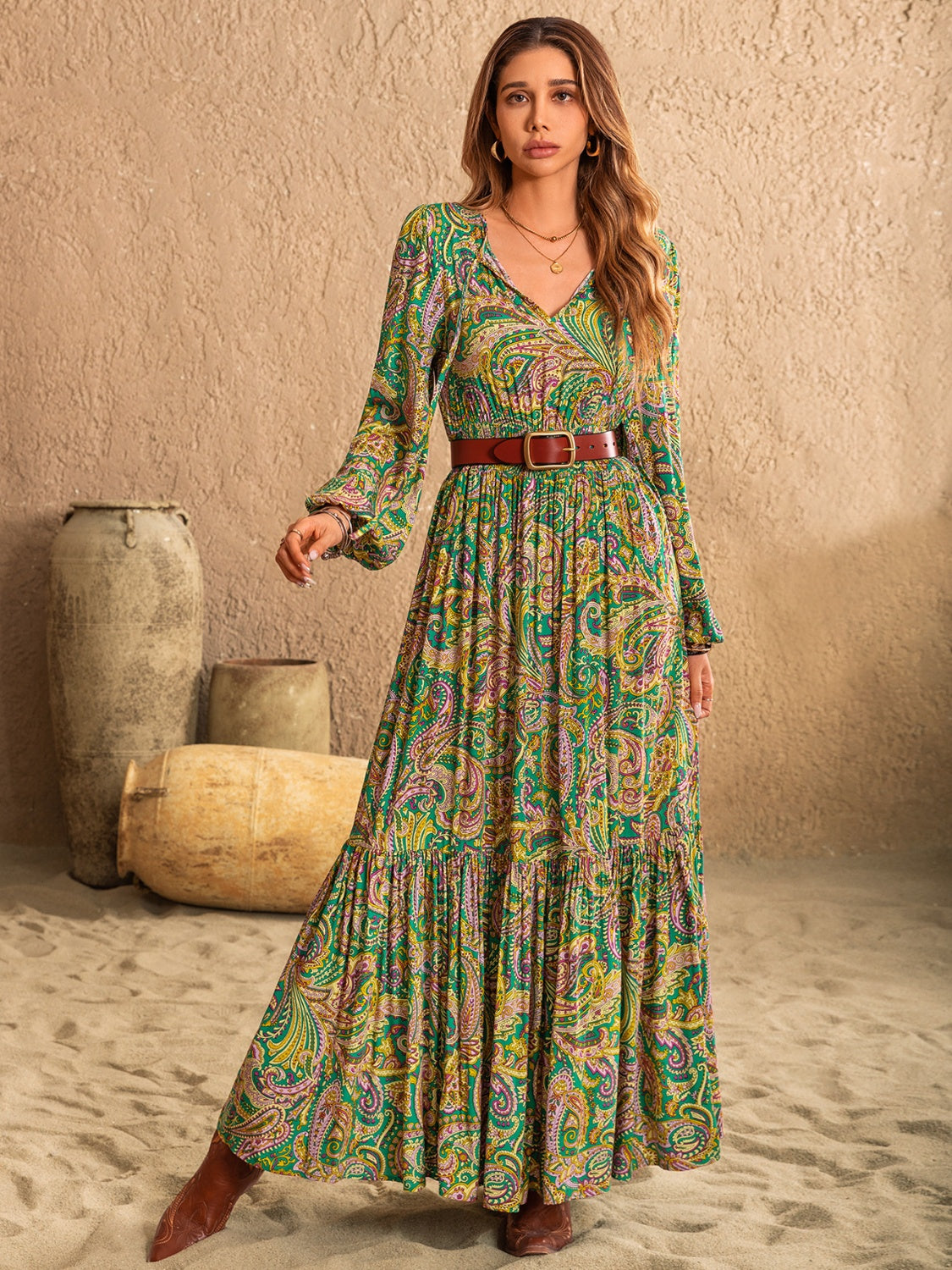 Hazel Blues® | Printed Tie Neck Long Sleeve Dress