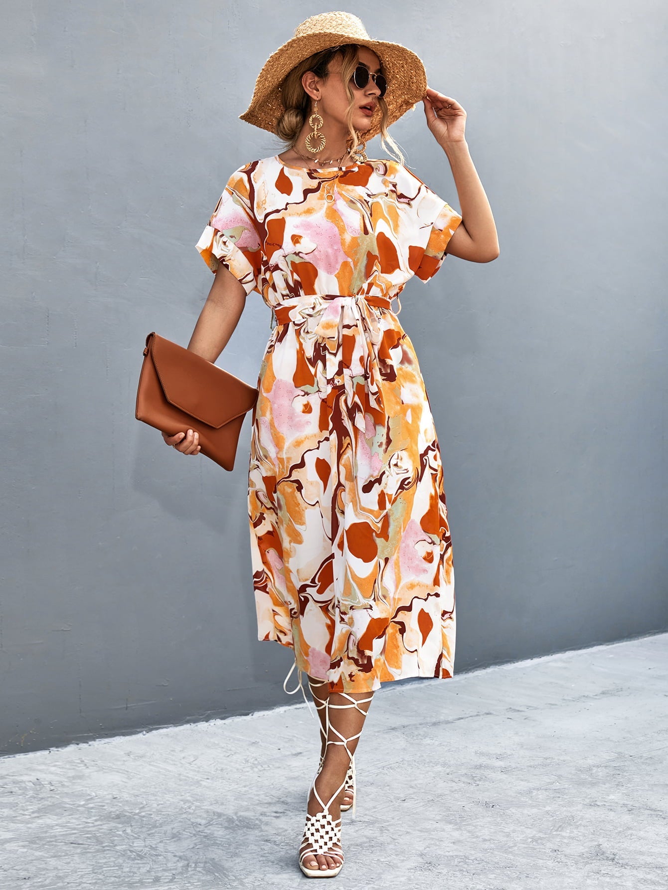 Hazel Blues® | Round Neck Short Sleeve Tie Waist Midi Dress