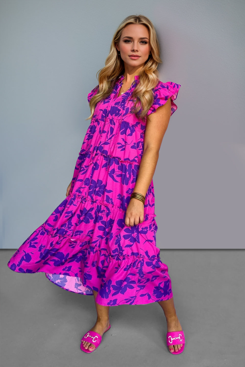 Hazel Blues® | Oh Ruffled Printed Notched Cap Sleeve Midi Dress