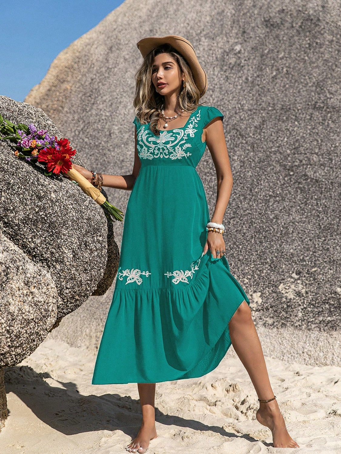Hazel Blues® | Embroidered Square Neck Cap Sleeve Dress