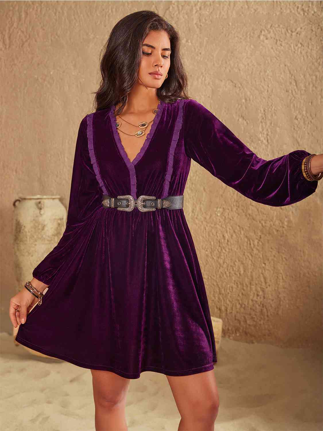 Hazel Blues® | Ruffled V-Neck Long Sleeve Dress