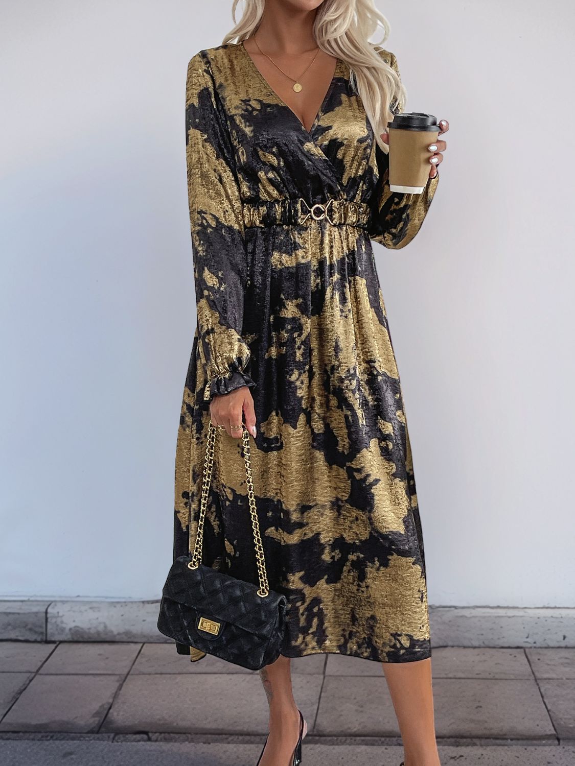 Hazel Blues® | Perfee Printed Surplice Long Sleeve Midi Dress
