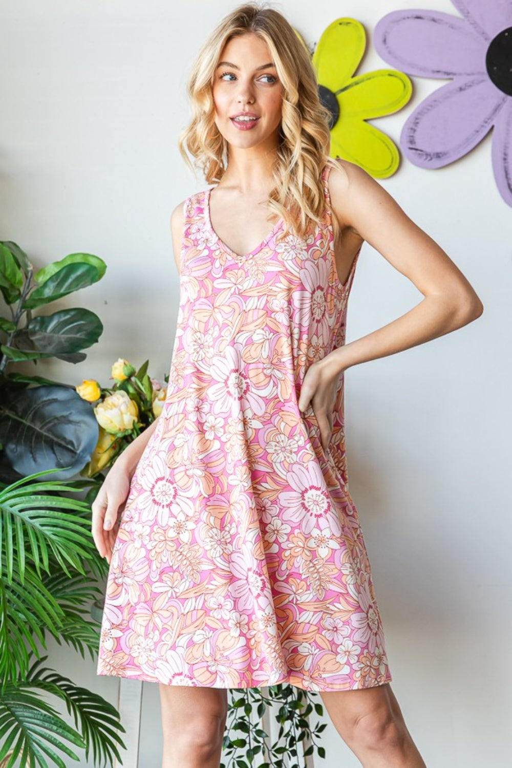 Hazel Blues® | Heimish Floral V-Neck Tank Dress with Pockets