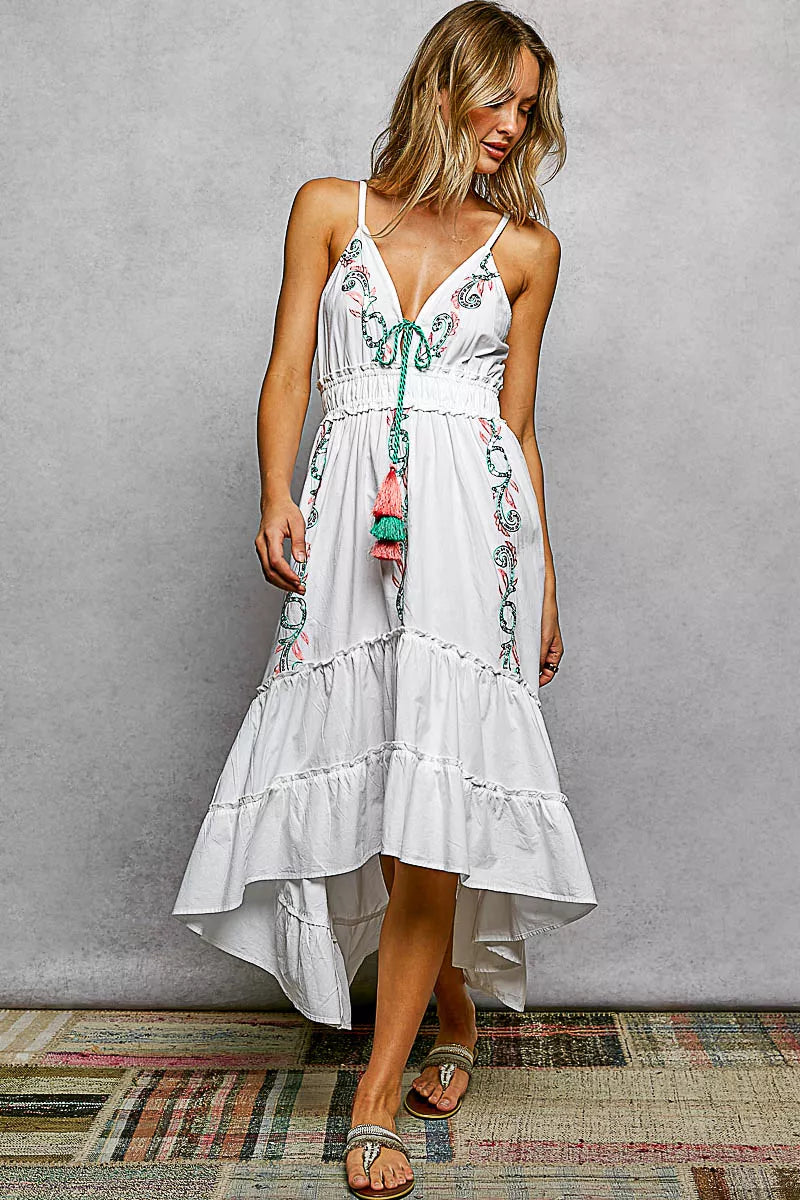 Hazel Blues® | POL Embroidered Detail Tassel Tie Smocked Waist Midi Tiered Cami Dress