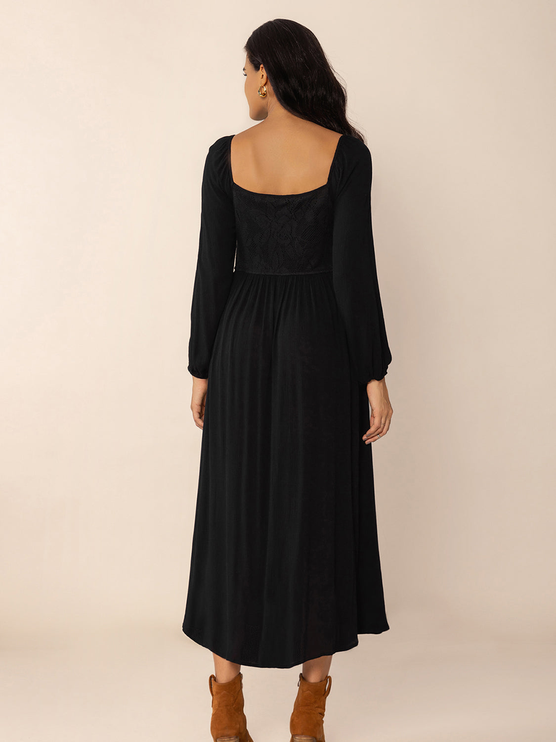 Hazel Blues® | Lace-Up Square Neck Long Sleeve Midi Dress