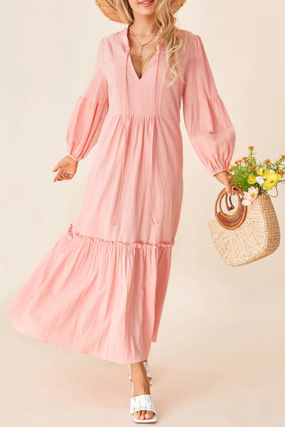 Hazel Blues® | Frill Tiered Tie Neck Long Sleeve Dress