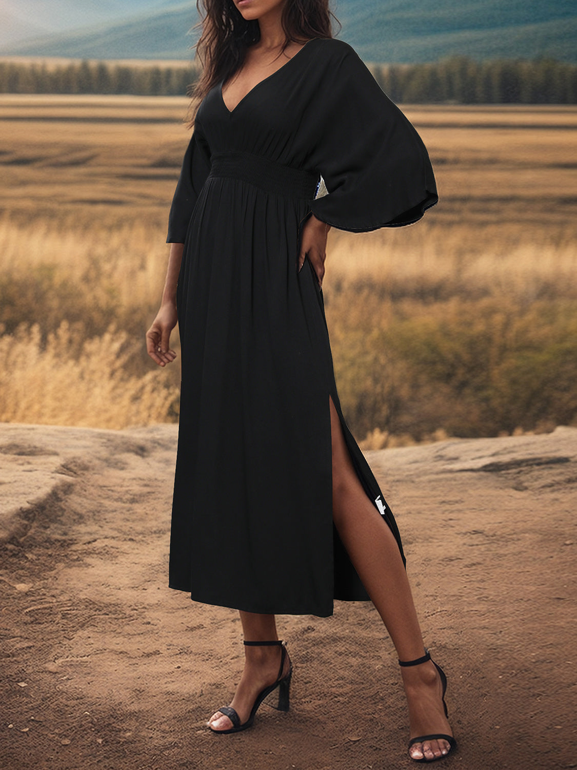 Hazel Blues® | Slit V-Neck Long Sleeve Midi Dress