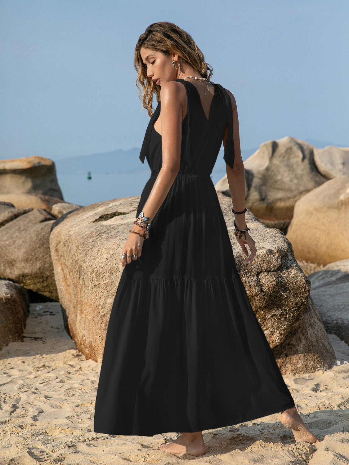 Hazel Blues® | V-Neck Tie Shoulder Crochet Maxi Dress