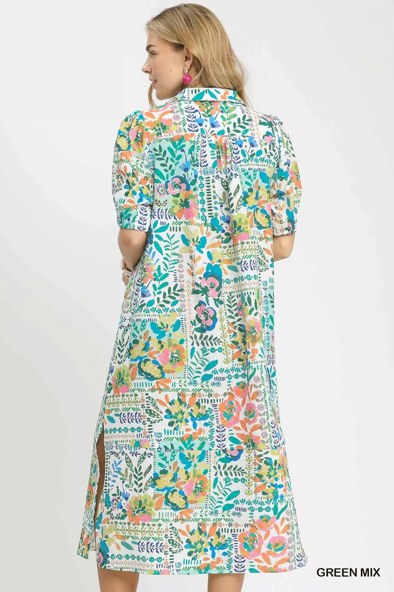 Hazel Blues® | Umgee Folk Print Midi Dress with Side Pockets