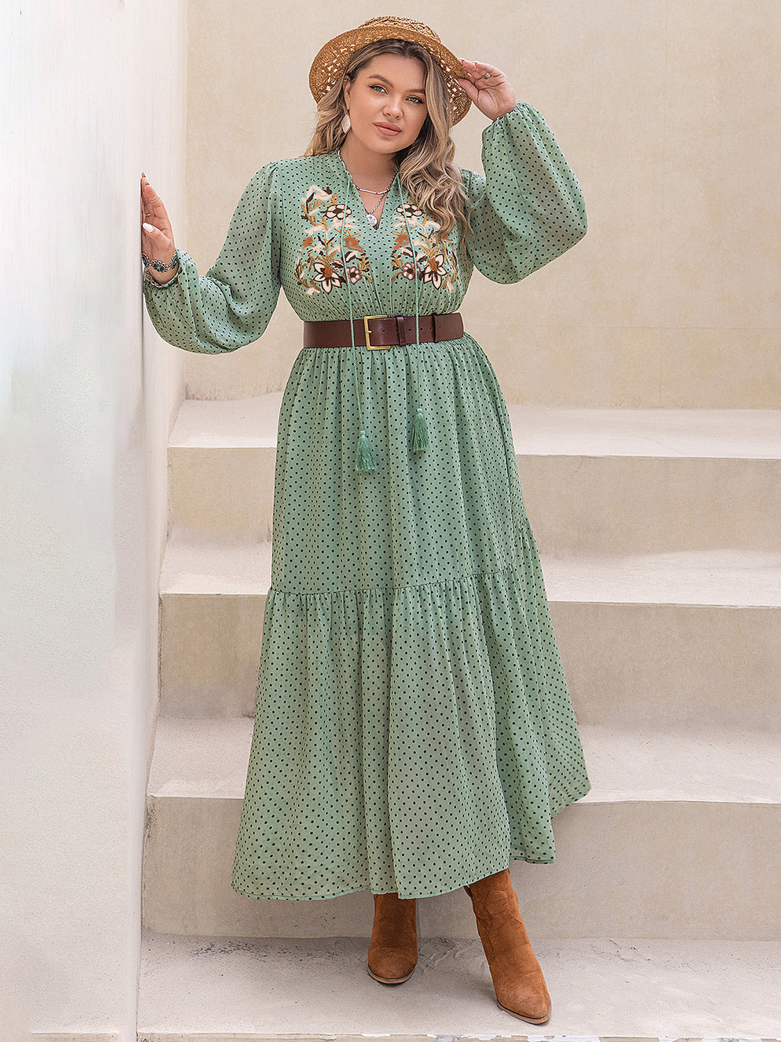 Hazel Blues® | Tassel Printed Tie Neck Long Sleeve Midi Dress