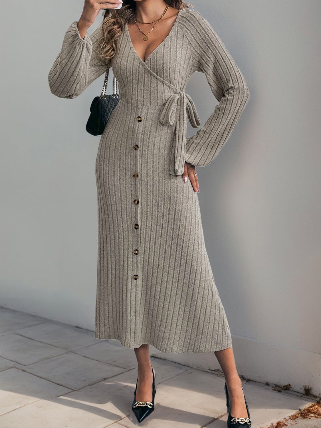 Hazel Blues® | Perfee Ribbed Tied Surplice Long Sleeve Dress