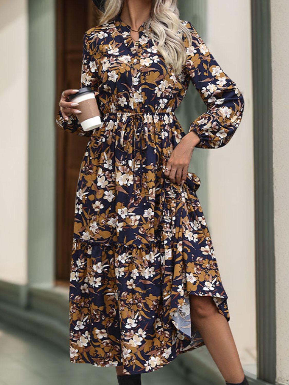 Hazel Blues® | Perfee Printed Notched Long Sleeve Midi Dress