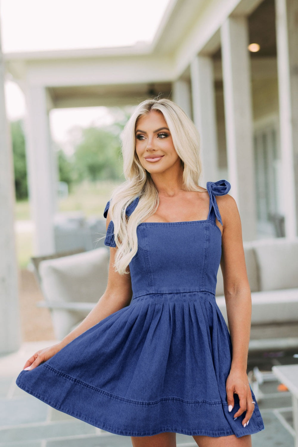 Hazel Blues® | Square Neck Tie Shoulder Denim Dress