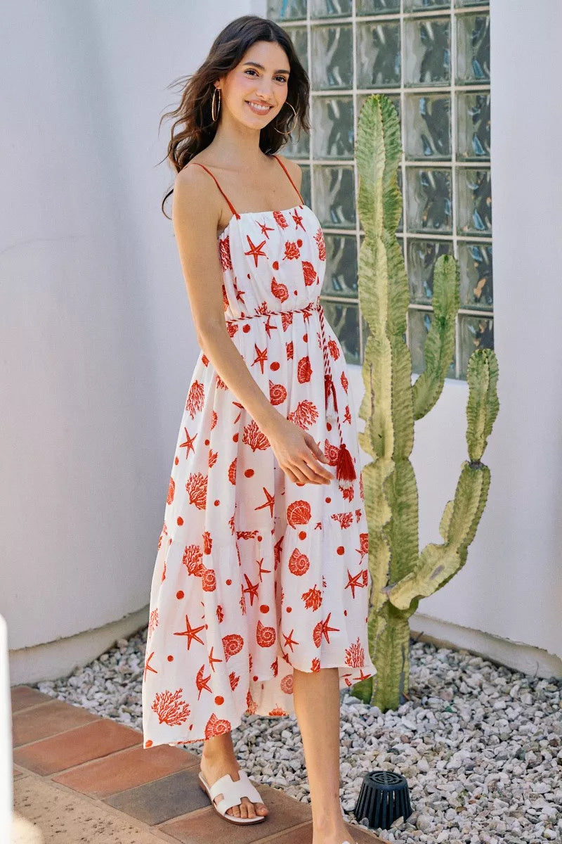 Hazel Blues® | SO ME Shell Print Tiered Lined Midi Cami Dress With Belt