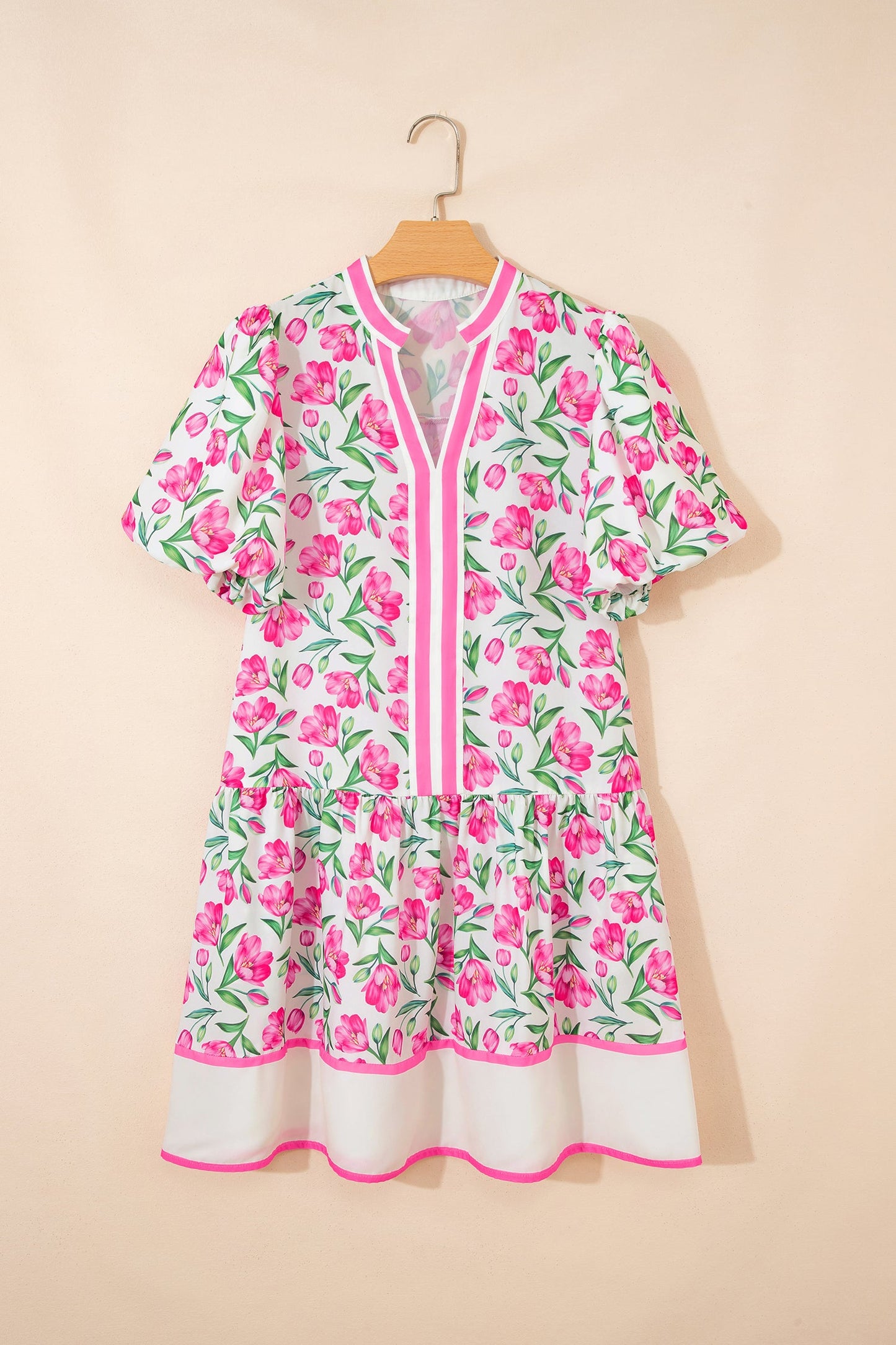 Hazel Blues® | Multicolour Sweet Floral Print Striped Color Block Trim Short Dress