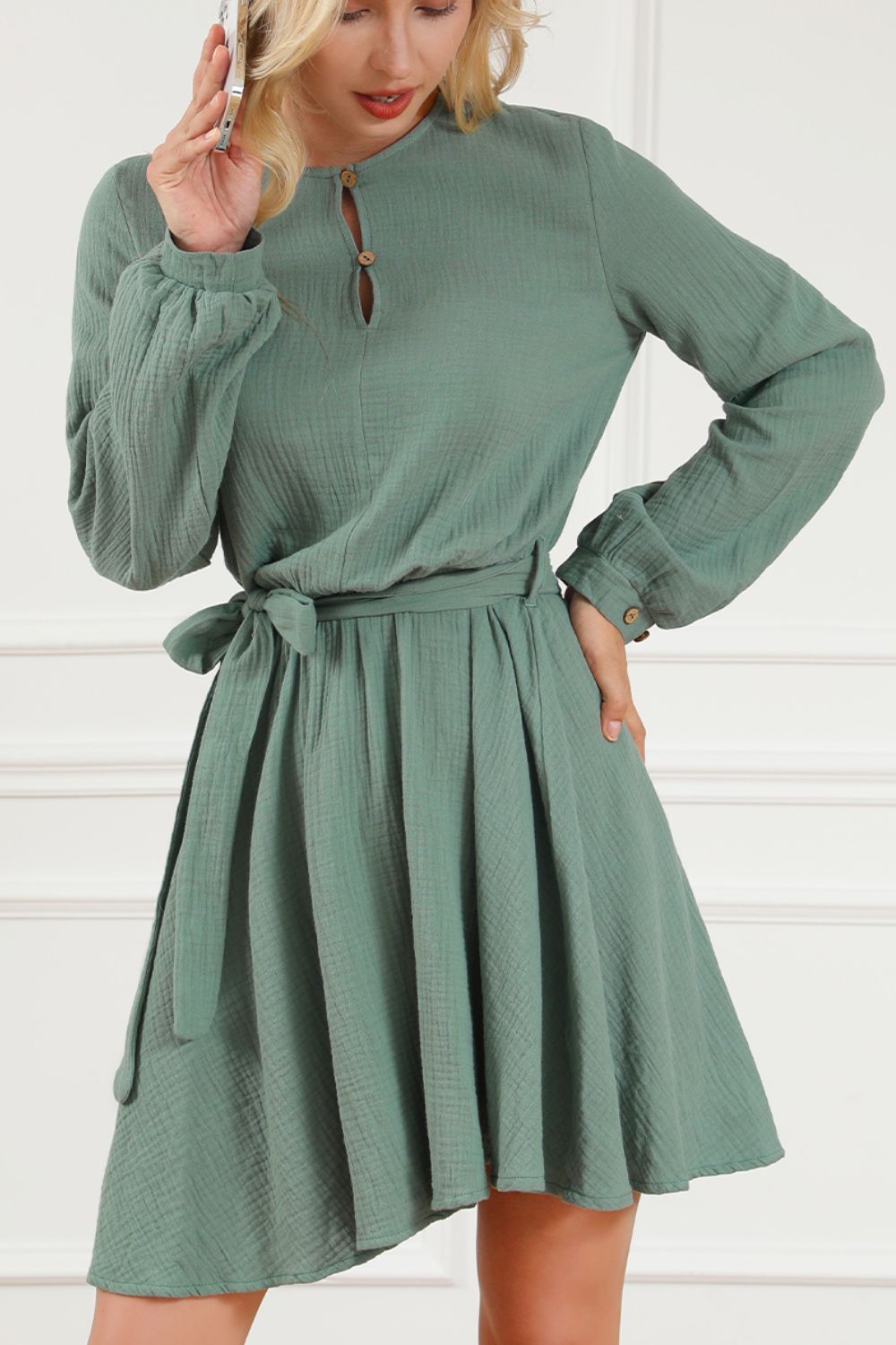 Hazel Blues® | Round Neck Long Sleeve Tie Waist Dress