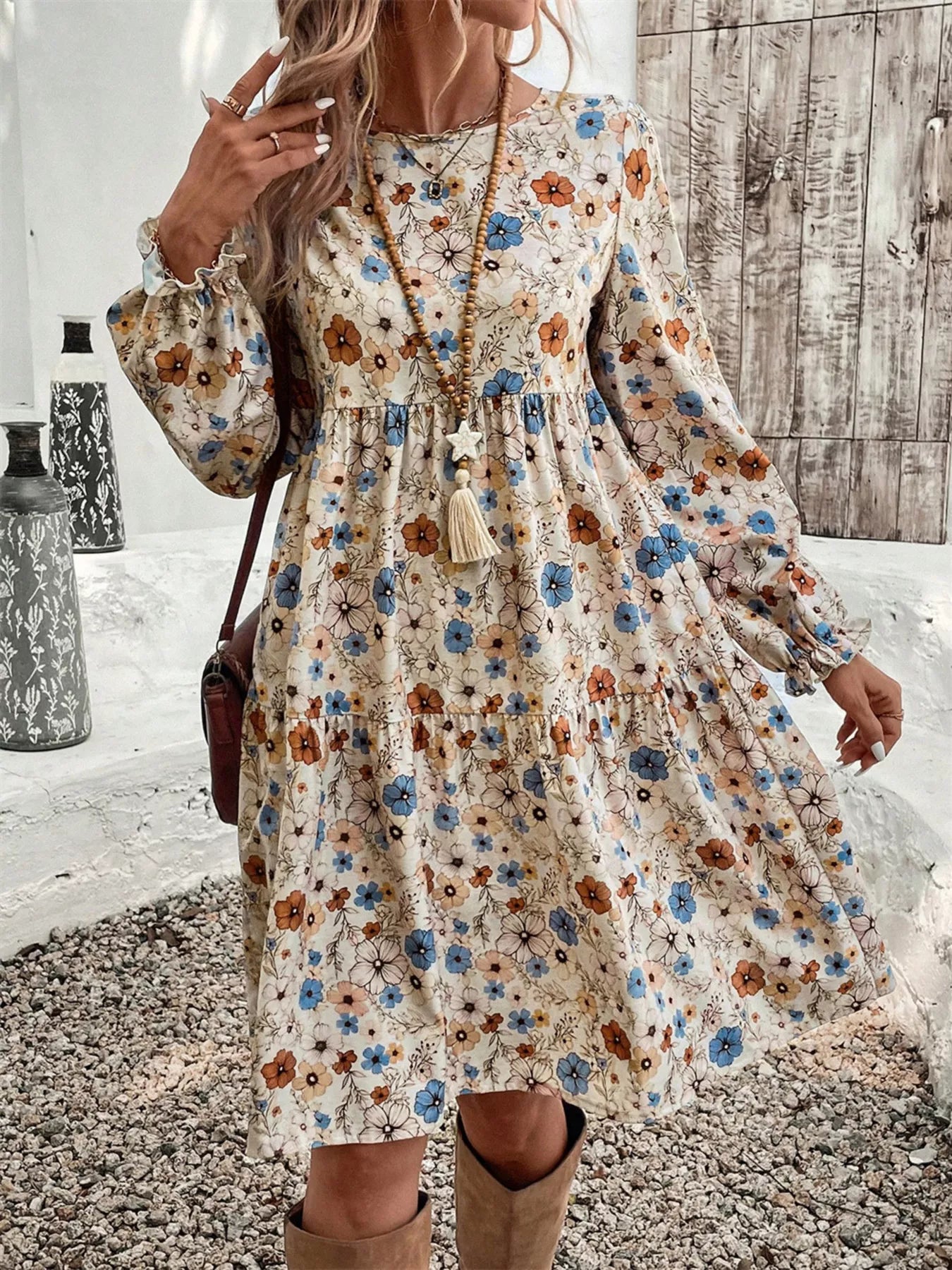 Hazel Blues® | Floral Print Ruffle Hem Long Sleeve Casual Dress