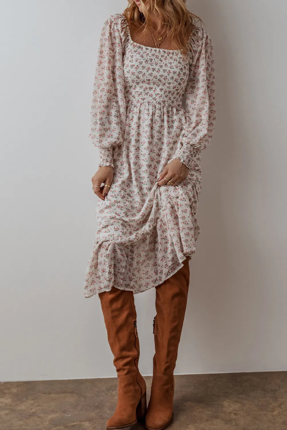 Hazel Blues® | Smocked Floral Square Neck Long Sleeve Midi Dress
