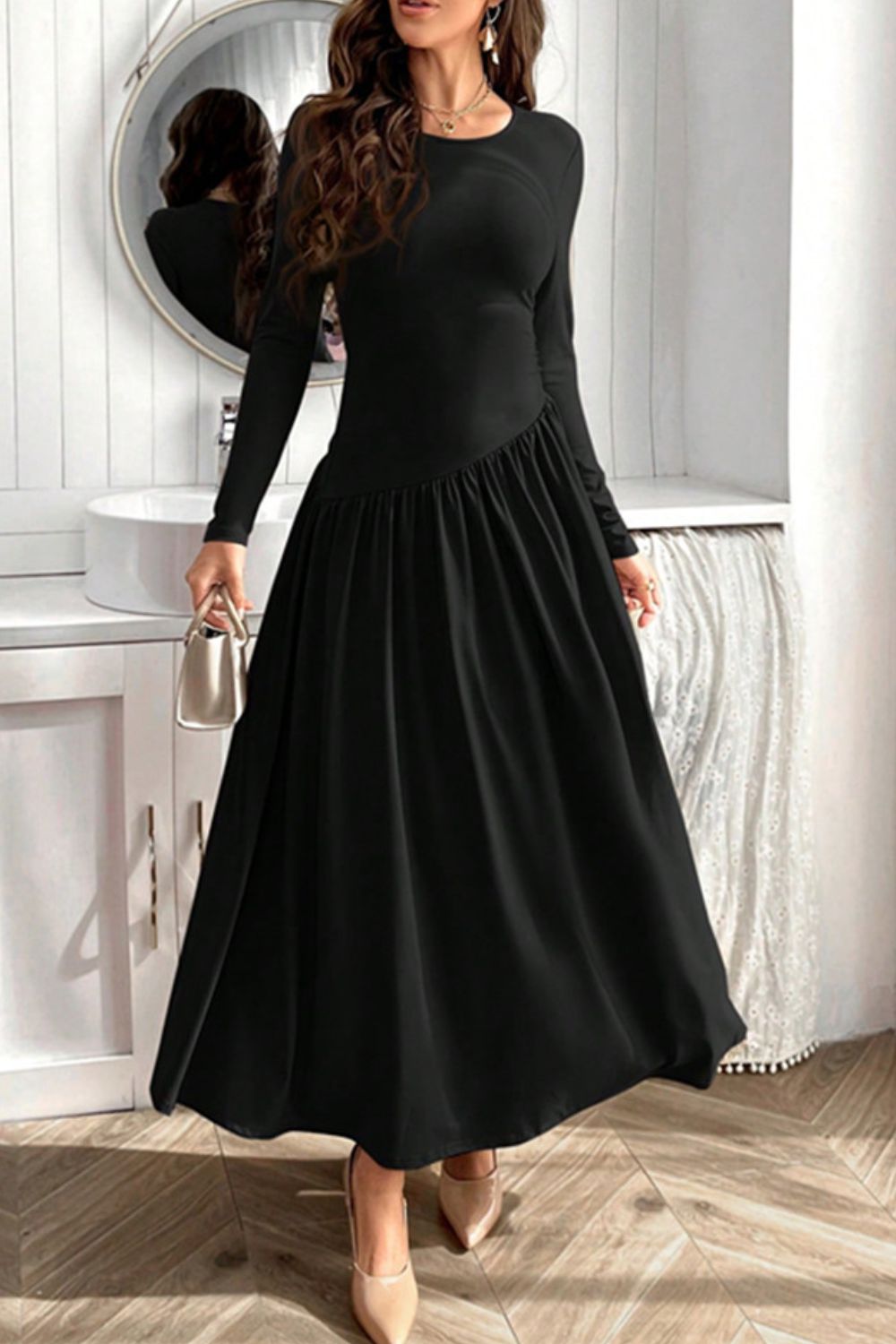 Hazel Blues® | Ruched Round Neck Long Sleeve Dress