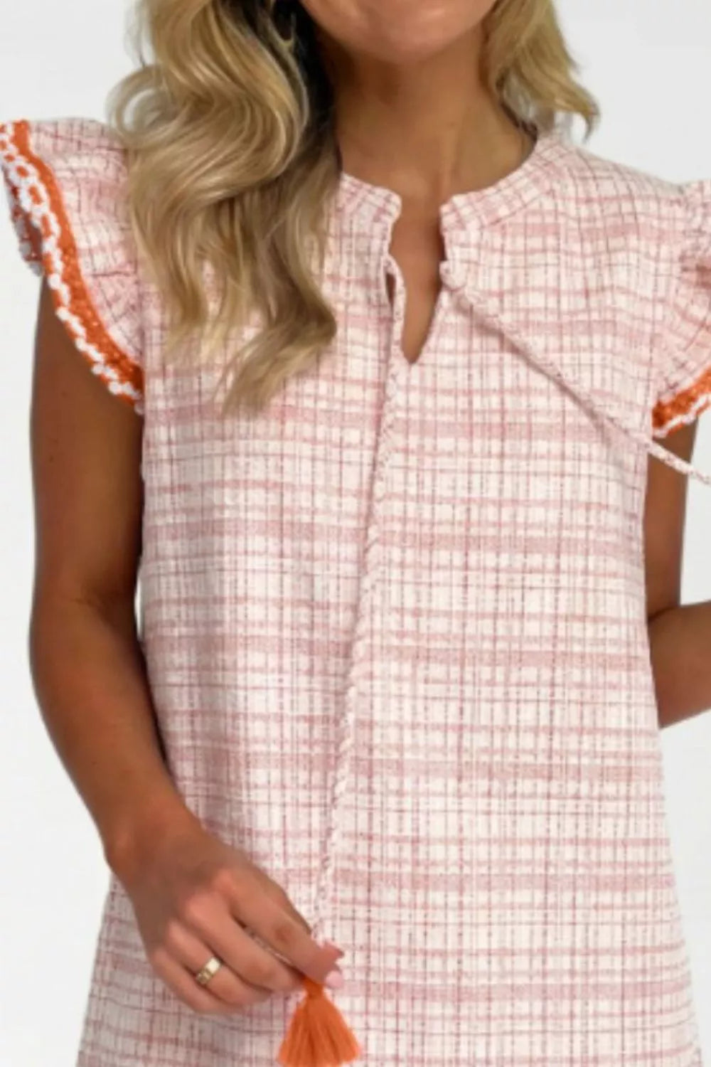 Hazel Blues® | Jacquard Textured Contrast Trim Short Sleeve Tassel Tie Shift Dress