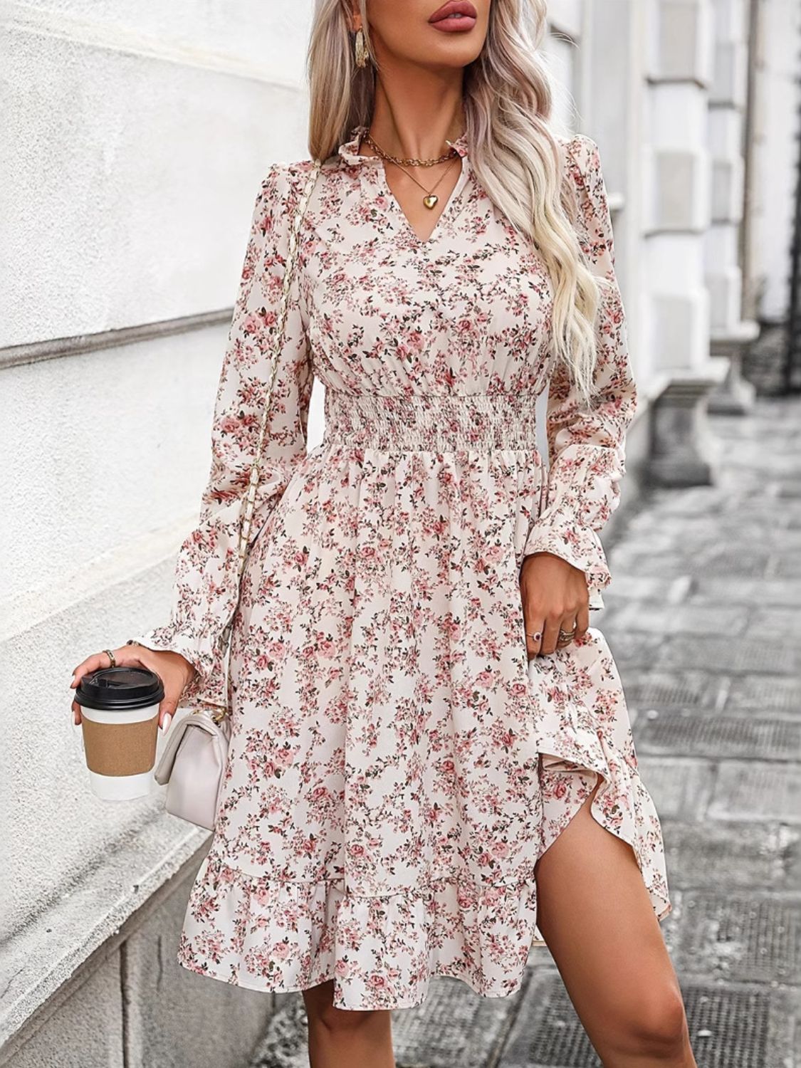 Hazel Blues® | Ruffle Hem Floral Surplice Long Sleeve Dress