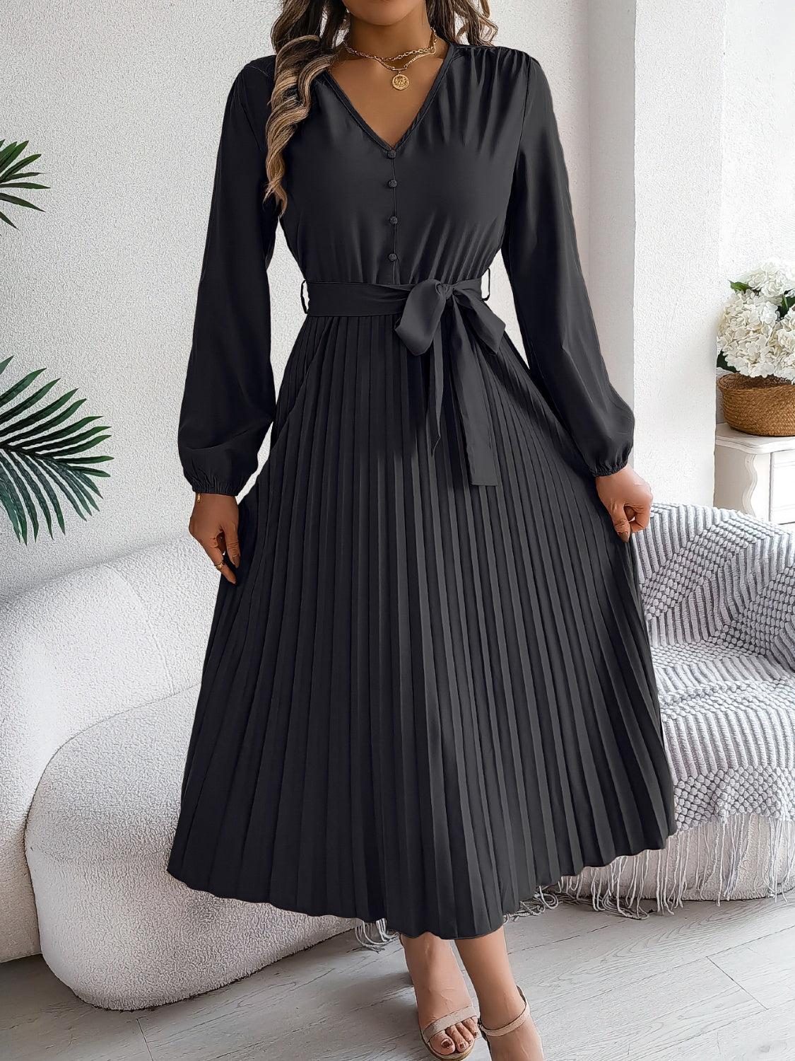 Hazel Blues® | Pleated Tied V-Neck Long Sleeve Dress
