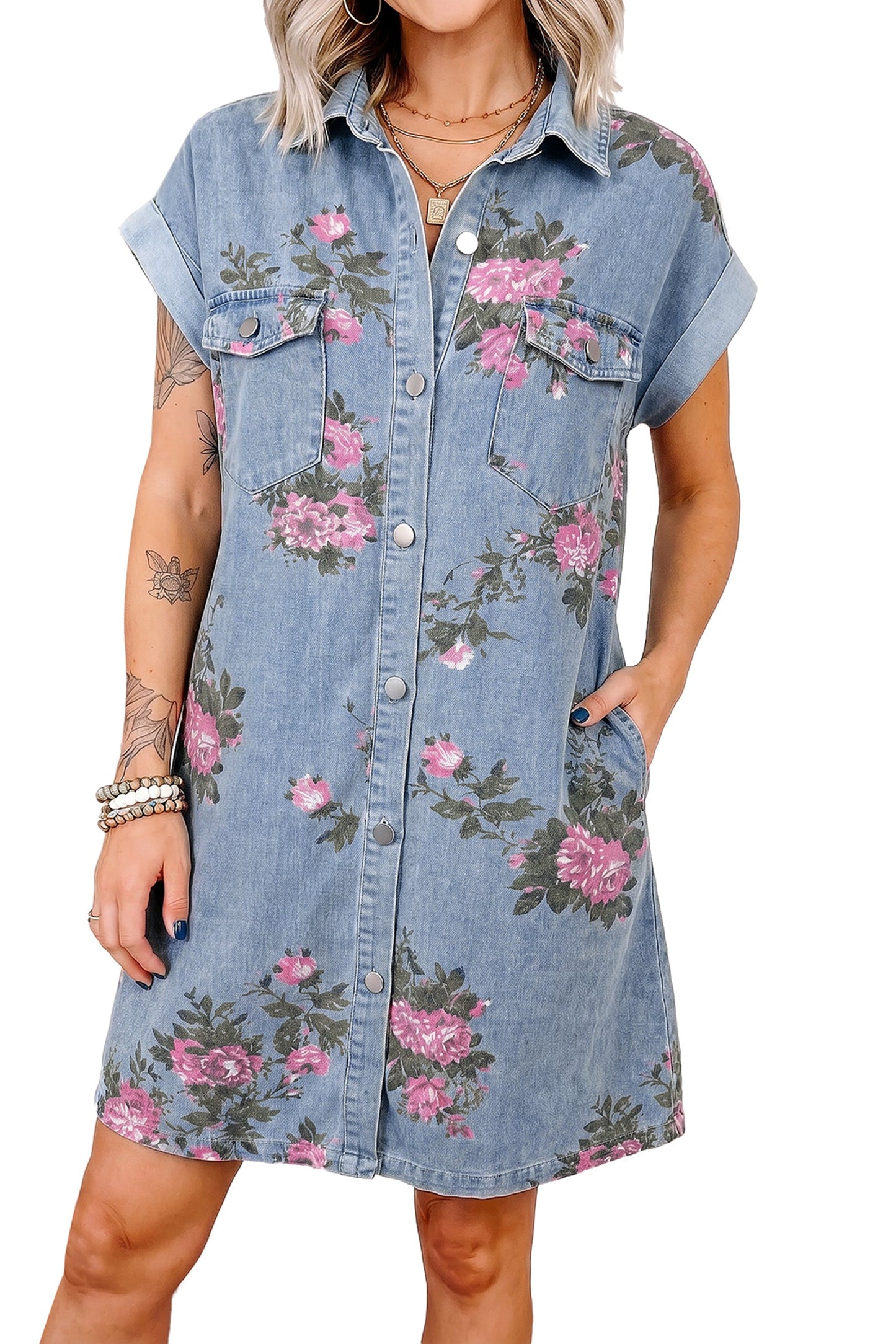 Hazel Blues® | Sky Blue Denim Floral Print Cuffed Short Sleeve Button Down Shift Dress