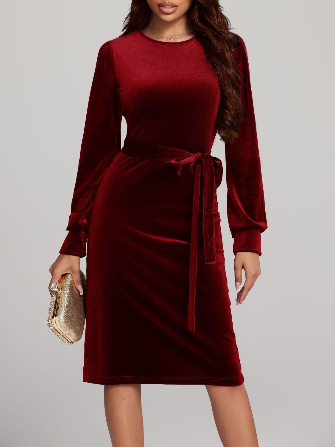 Hazel Blues® | Round Neck Tie Waist Long Sleeve Velvet Dress