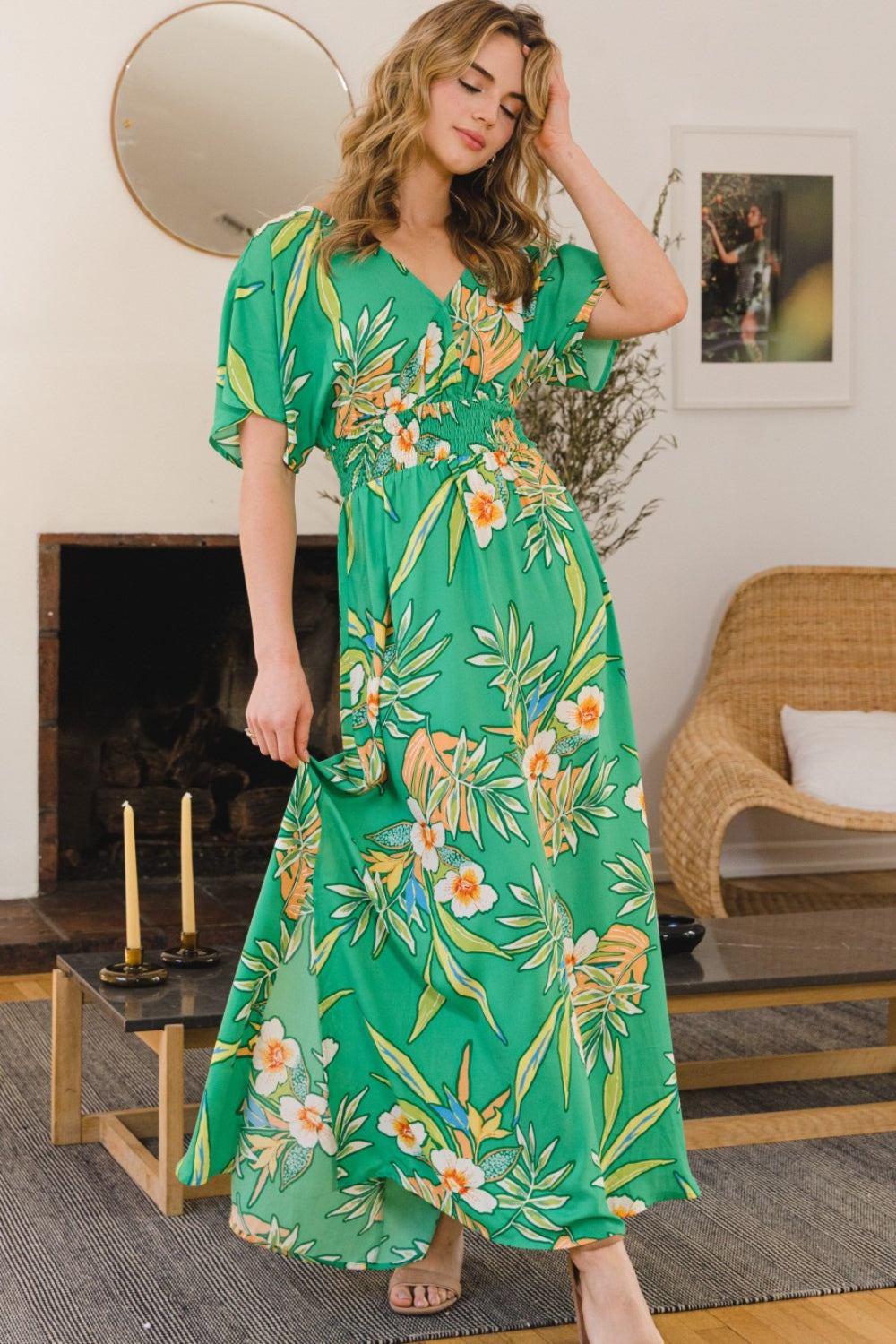 Hazel Blues® | ODDI Floral Smocked Tied Back Maxi Dress