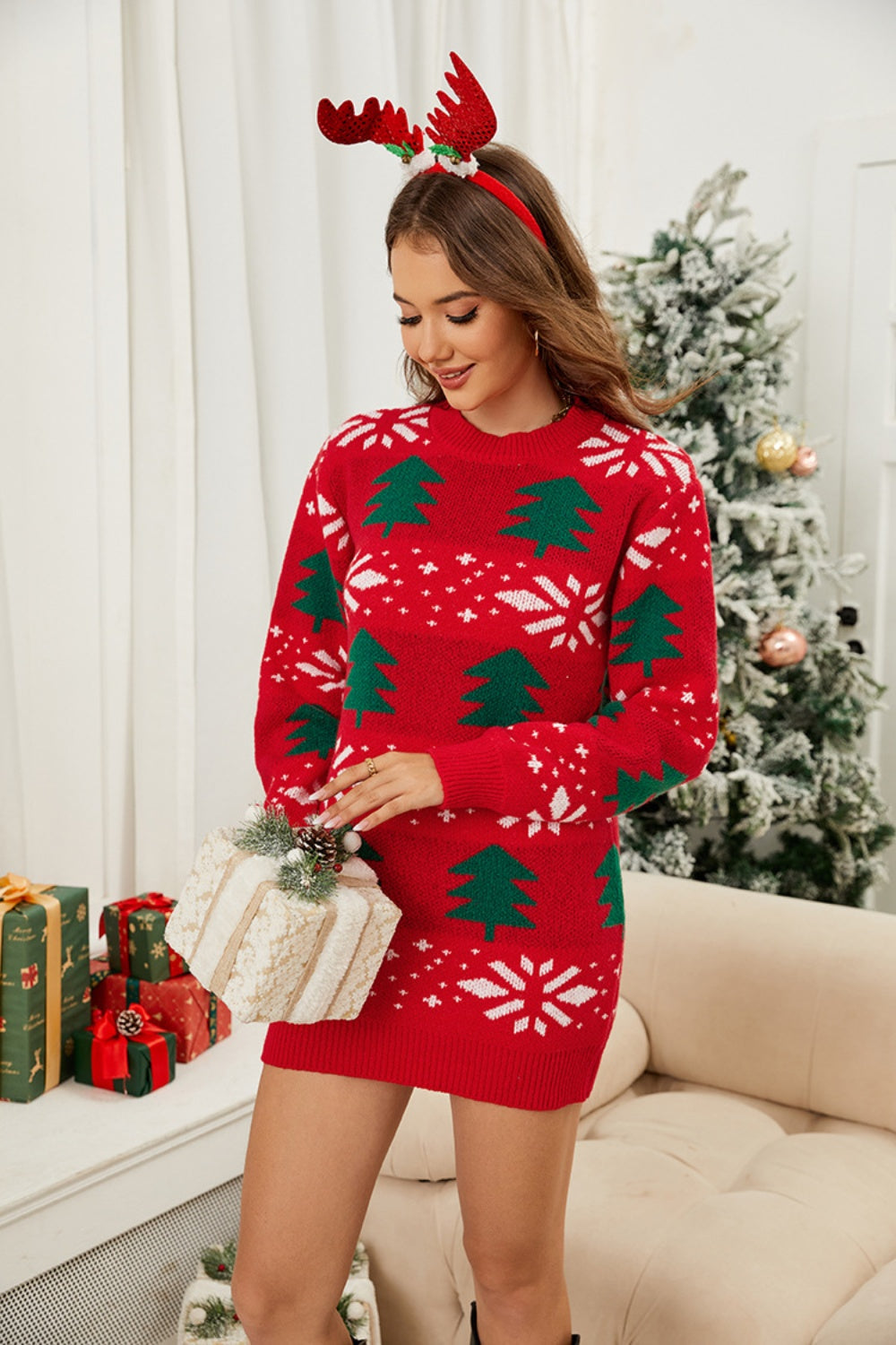 Hazel Blues® | Christmas Tree Round Neck Sweater Dress