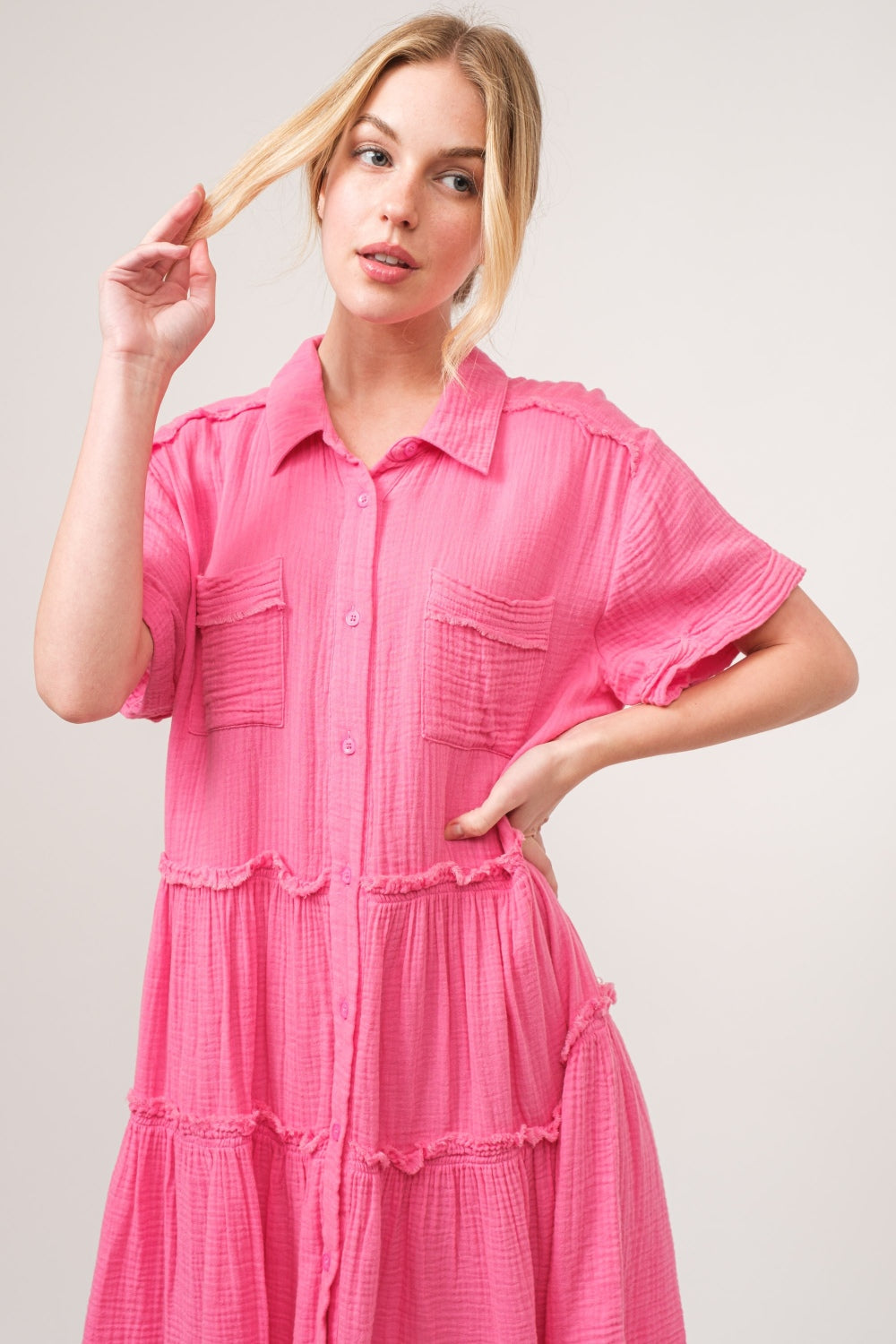 Hazel Blues® | And The Why Raw Edge Washed Tiered Shirt Dress