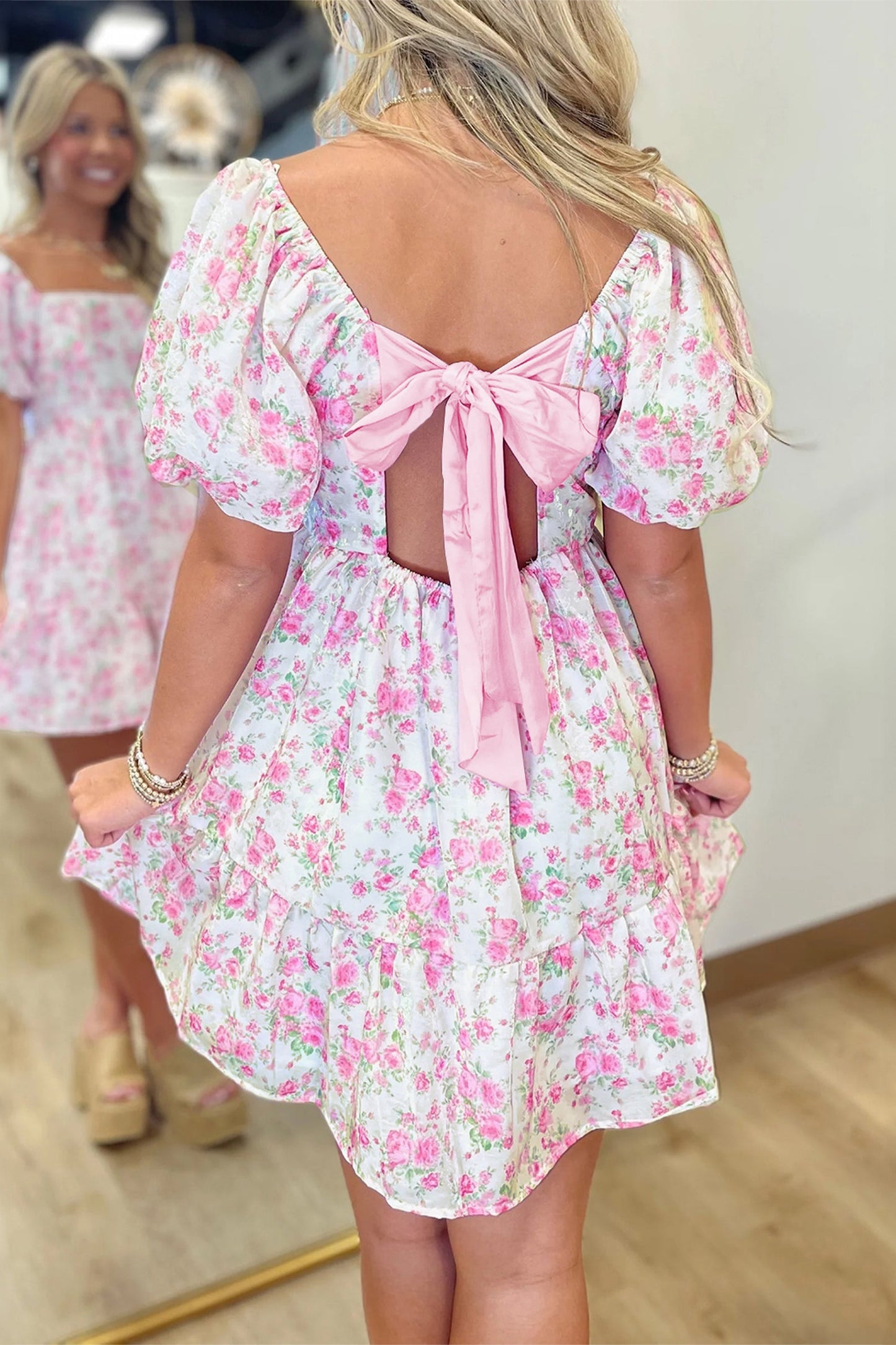 Hazel Blues® | Pink Floral Print Square Neck Ribbon Knot Back Cute Mini Dress