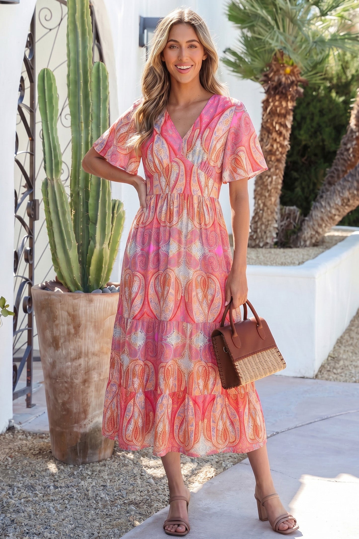 Hazel Blues® | Multicolour Paisley Print V-Neck Short Sleeve Boho Maxi Dress with Ruffle Details
