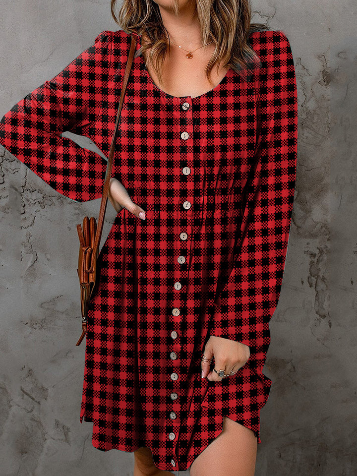 Hazel Blues® | Double Take Plaid Round Neck Long Sleeve Magic Dress