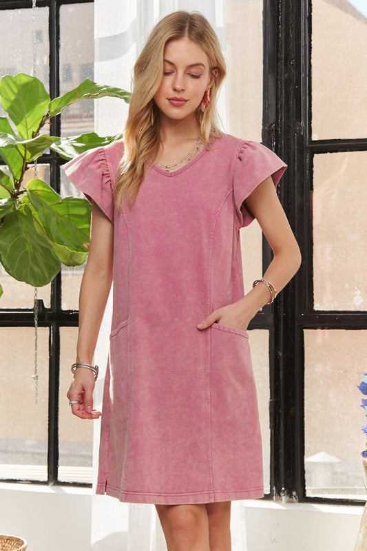 Hazel Blues® | ADORA Mineral Washed V-Neck Ruffled Cap Sleeve Dress