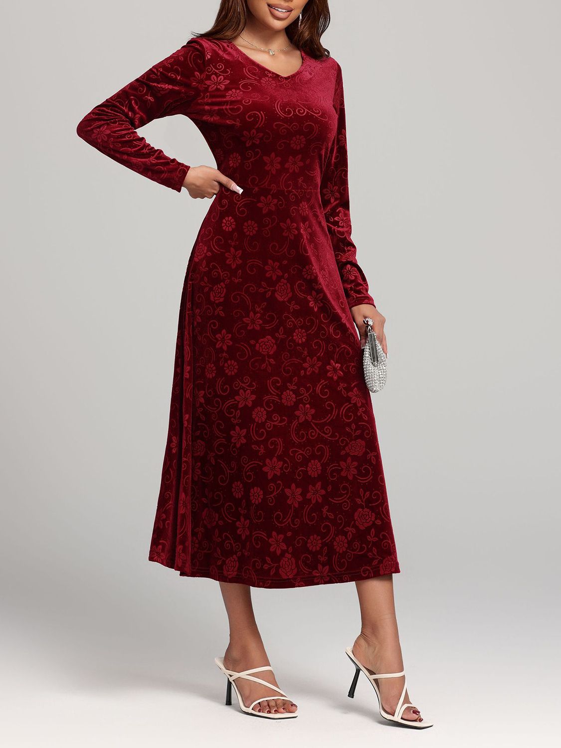 Hazel Blues® | Flower Print V-Neck Long Sleeve Midi Dress