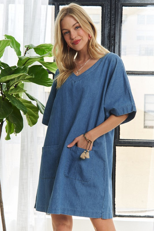 Hazel Blues® | ADORA V-Neck Half Sleeve Mini Denim Dress