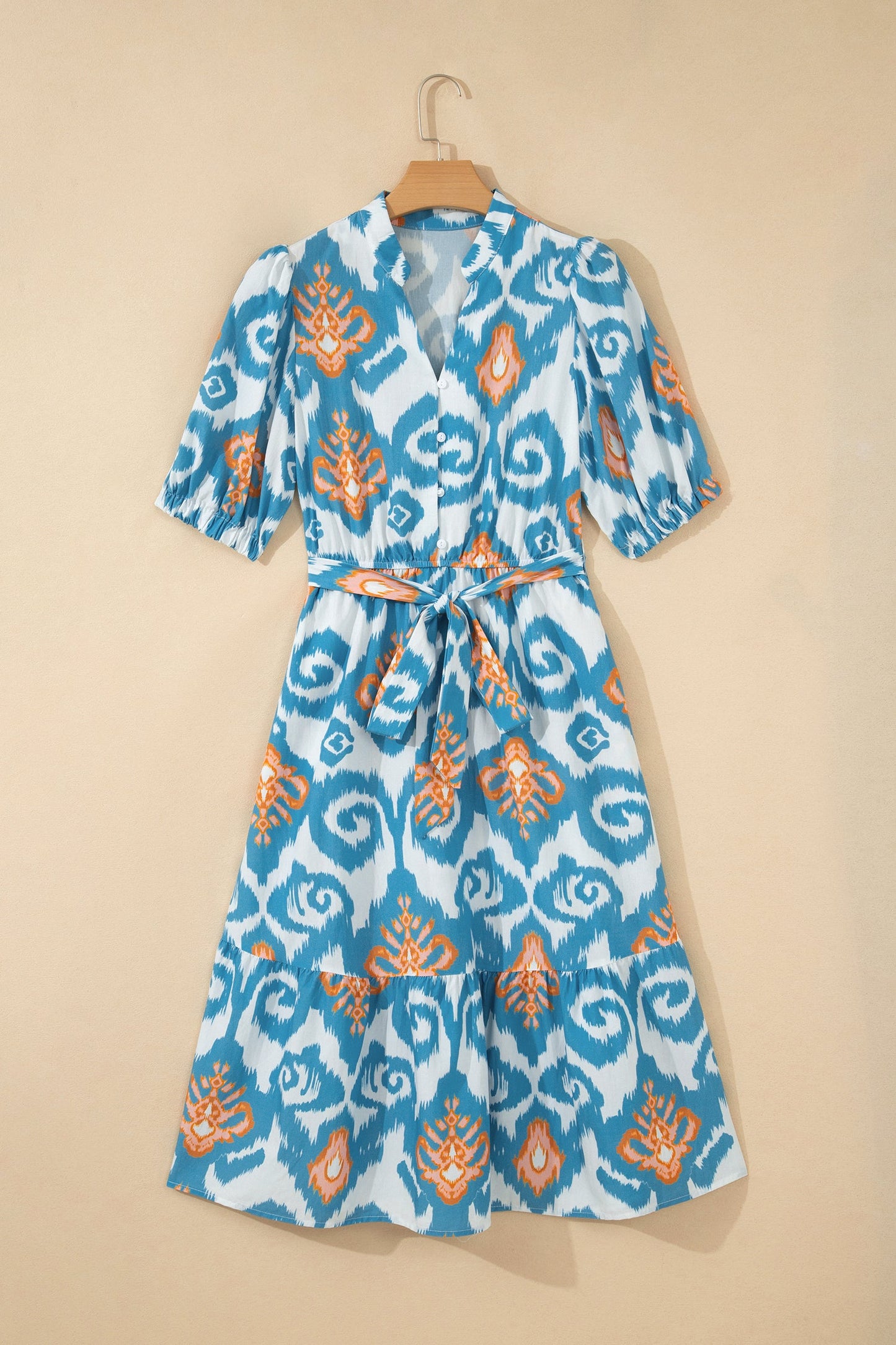 Hazel Blues® | Sky Blue Boho Floral Print Short Puff Sleeve Button Down Ruffle Hem Midi Dress