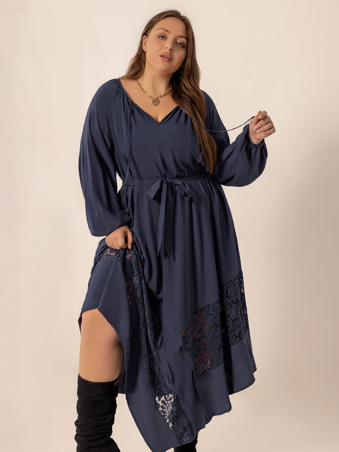 Hazel Blues® | Lace Detail Tie Neck Long Sleeve Midi Dress