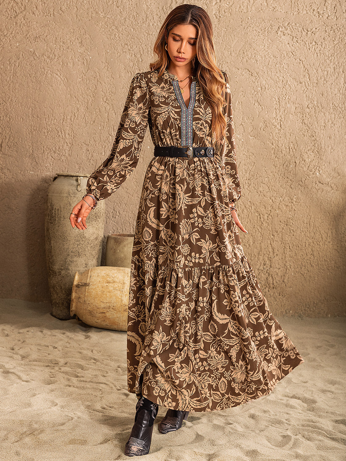 Hazel Blues® | Ruched Printed Notched Long Sleeve Maxi Dress