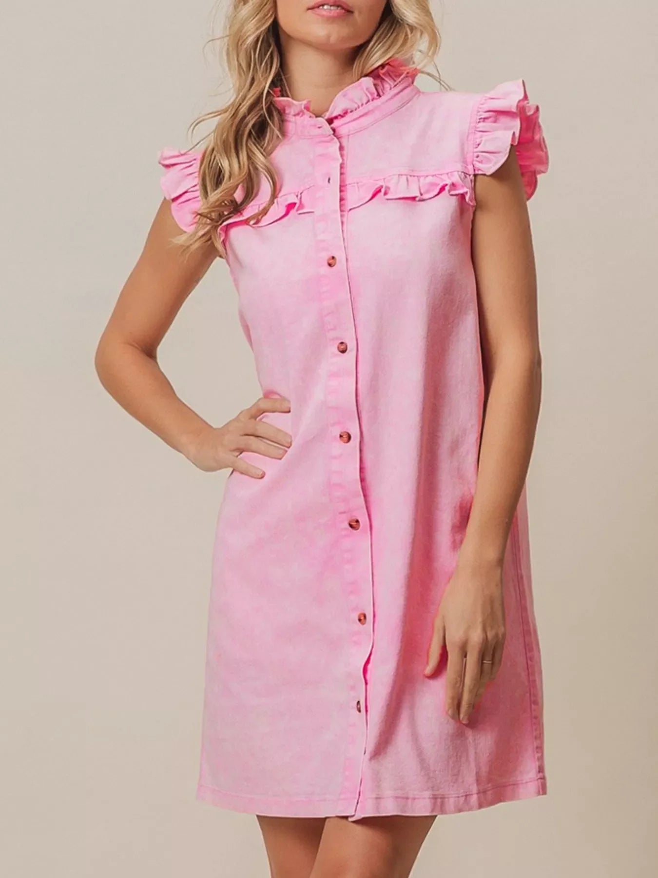 Hazel Blues® | Ruffled Trim Button-Down Denim Dress
