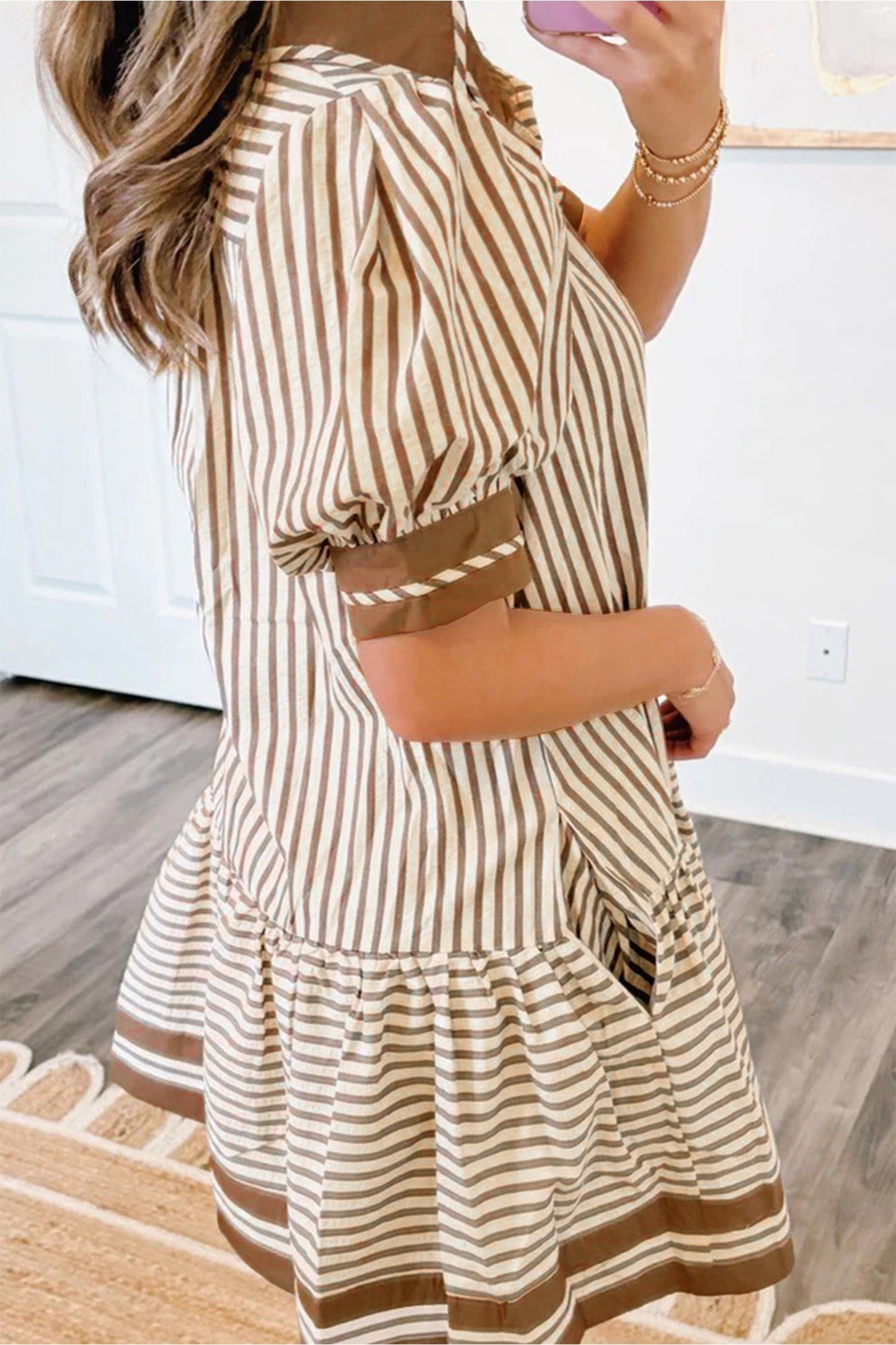 Hazel Blues® | Brown Stripe Shirt Collar Color Block Patchwork Trim Ruffle Hem Short Dress