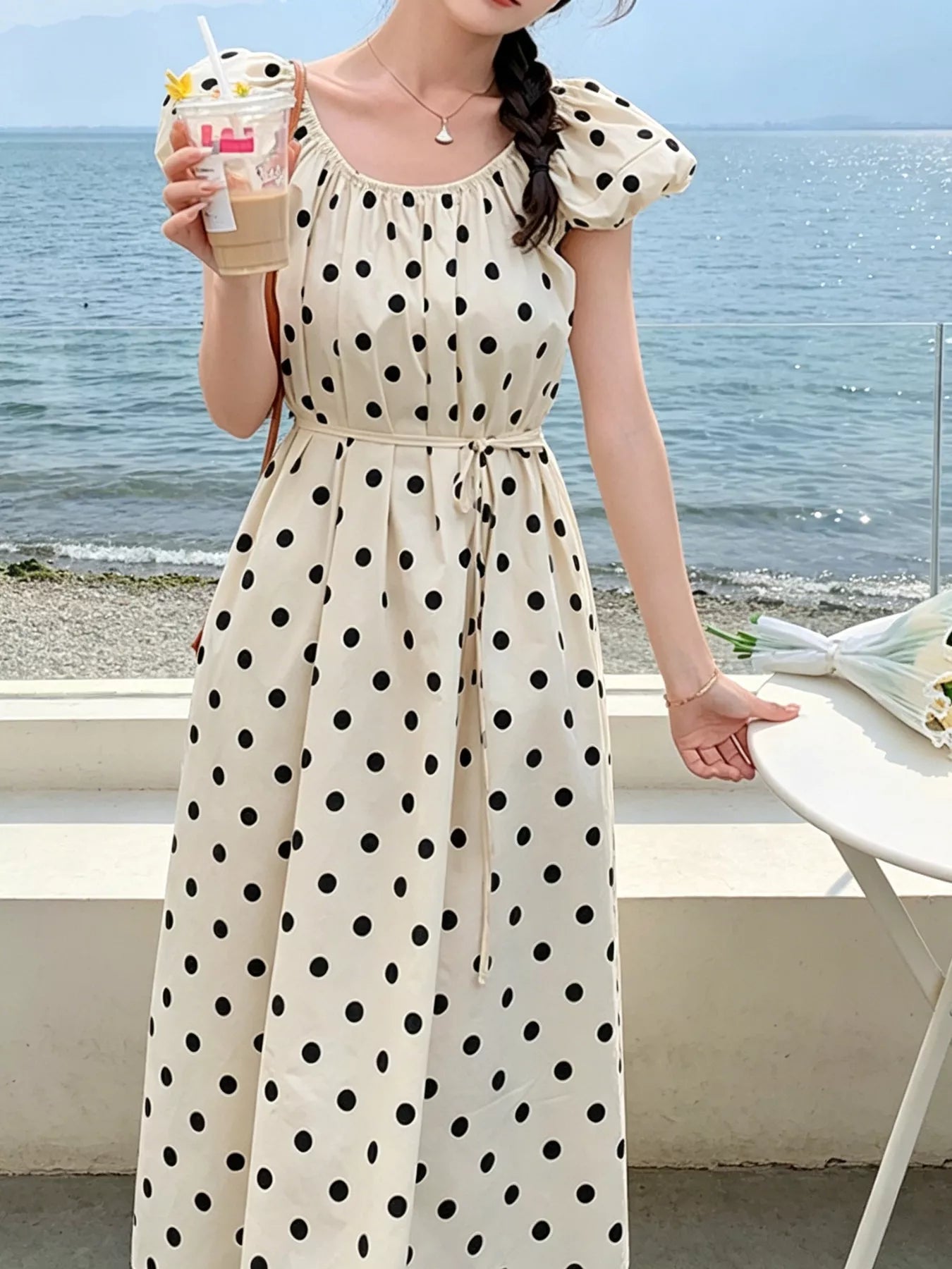 Hazel Blues® | Polka Dot Puff Sleeve Midi Dress