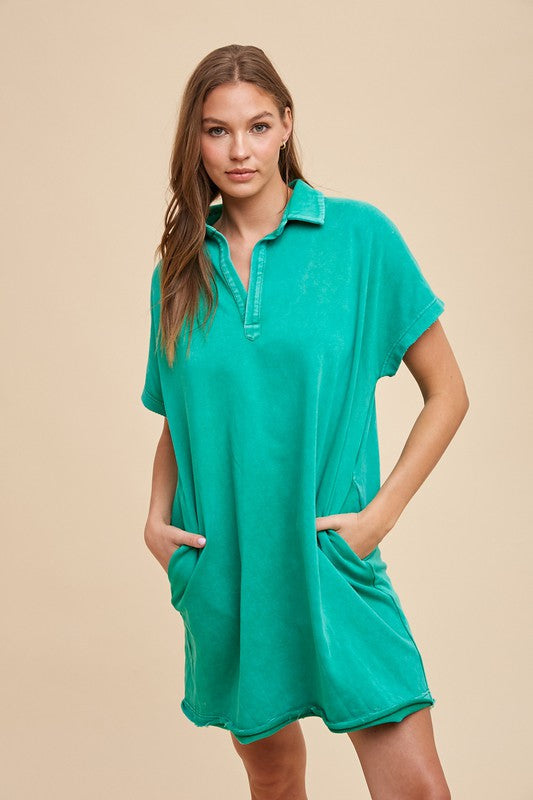 Hazel Blues® | Annie Wear Mineral Washed Johnny Collar Short Sleeve Dress