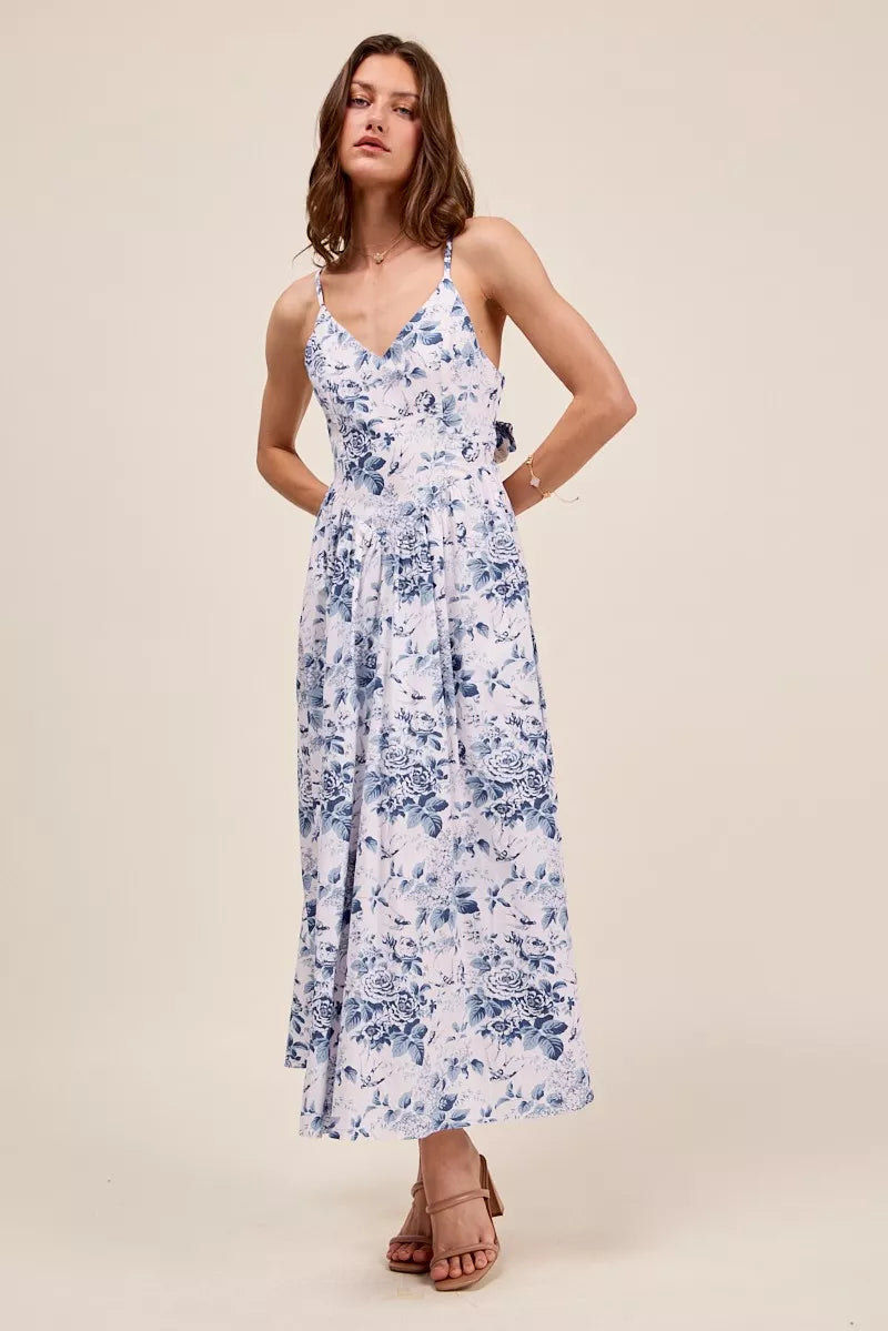 Hazel Blues® | SO ME Floral Woven V Neck Dress With Back Ribbon Tie