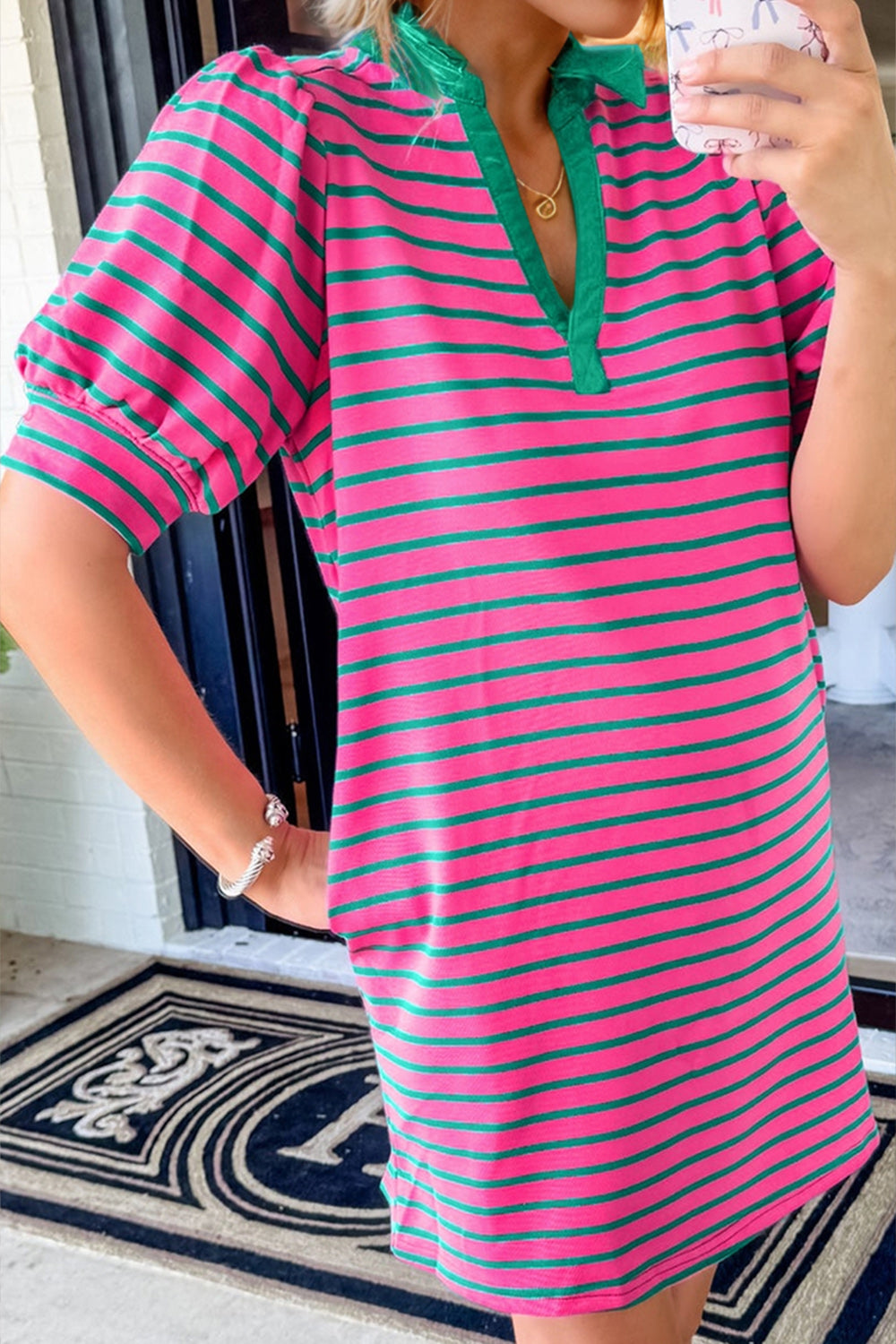 Hazel Blues® | OH Striped Johnny Collar Puff Sleeve Mini Tee Dress