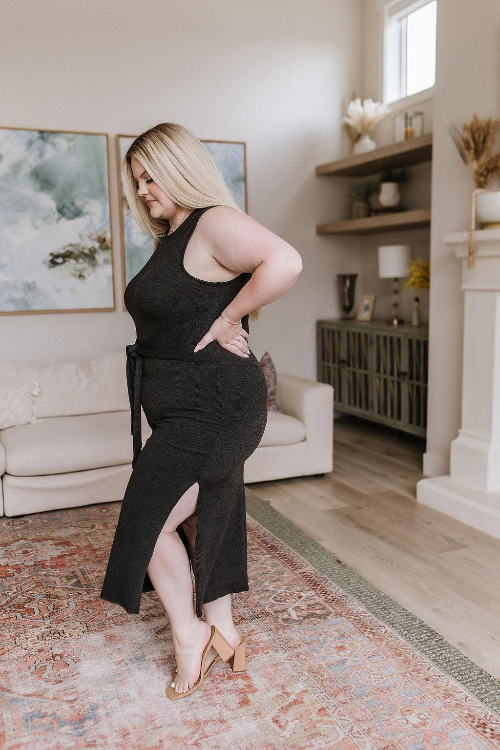 Hazel Blues® | Out on the Town Tie Detail Midi Dress in Charcoal